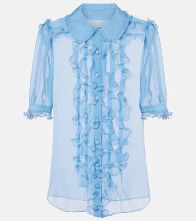 Dolce & Gabbana Ruffled Semi-sheer Silk Blouse In Blue