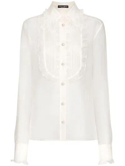 Dolce & Gabbana Ruffled Sheer Cotton Blouse In White