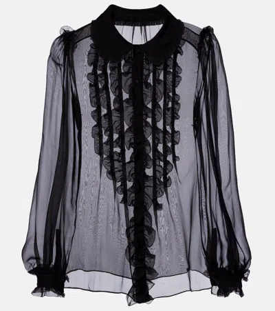 Dolce & Gabbana Ruffled Sheer Silk Blouse In Black