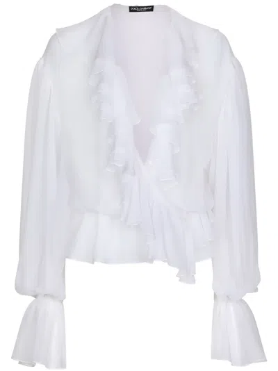 DOLCE & GABBANA RUFFLED-TRIM SILK CROPPED BLOUSE