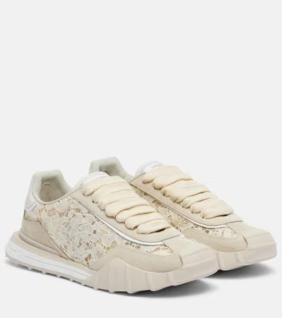 Dolce & Gabbana Beige And Chalk Lace And Calf Suede Low-top Sneakers In Neutral