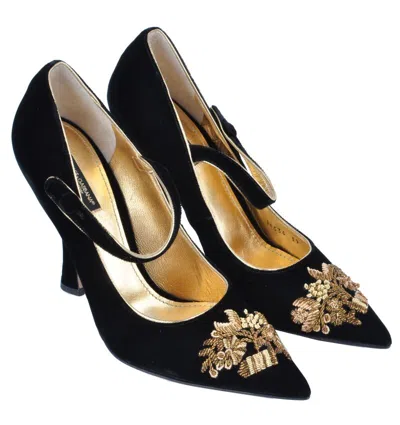 Pre-owned Dolce & Gabbana Runway Baroque Gold Velvet Pumps Shoes Black Pompes Noir 03010