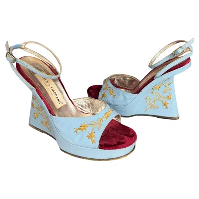Pre-owned Dolce & Gabbana Runway Spring 1998 Vintage Blue And Gold Wedge Sandals Sz 36.5