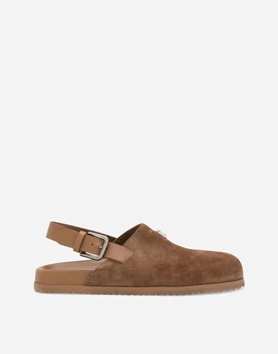 Dolce & Gabbana Logo-plaque Suede Mules In Marrone