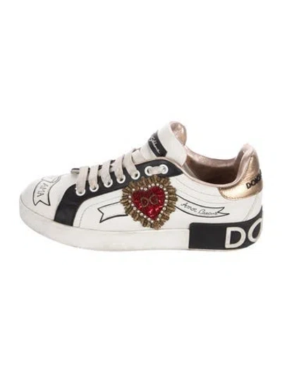 Pre-owned Dolce & Gabbana Sacred Heart Print Leather Sneakers In White