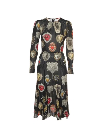 Pre-owned Dolce & Gabbana Sacred Hearts Long-sleeve Flared Silk Midi Dress In Black