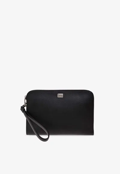 Dolce & Gabbana Saffiano Leather Flat Pouch In Black