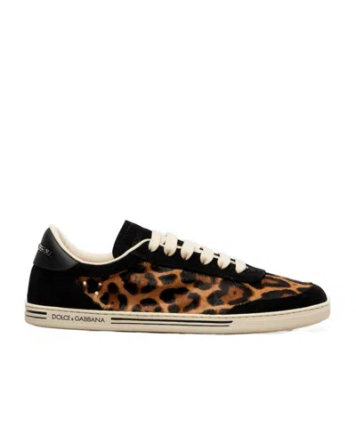Dolce & Gabbana Saint Tropez Light Suede-trimmed Calf Hair Sneakers In Black