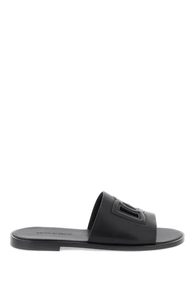 Dolce & Gabbana Black Sandals With Dg Logo Cut-out In Leather Man In Gray