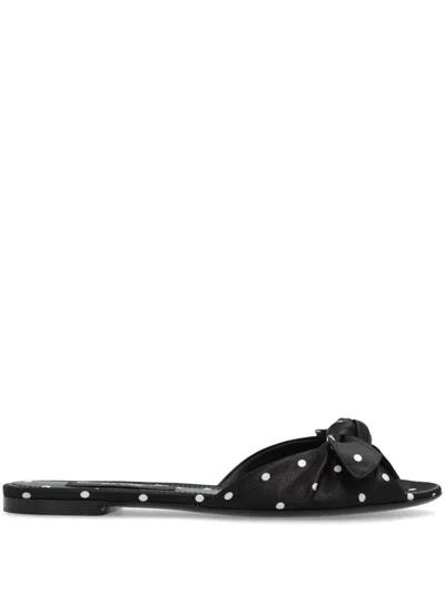 Dolce & Gabbana Bianca Bow-embellished Polka-dot Satin-twill Slides In Black