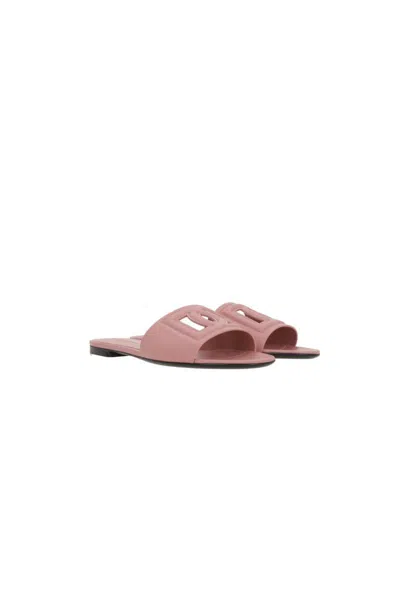 Dolce & Gabbana Pink Slide Sandals With Cut Out Logo In Leather Woman