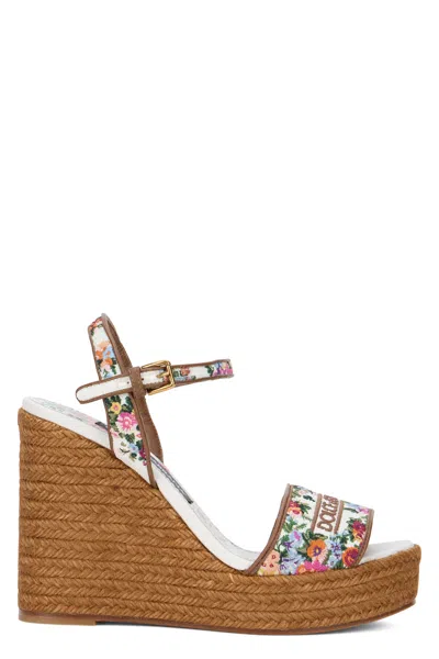 Dolce & Gabbana Wedge Sandals With Logo Embroidery In White