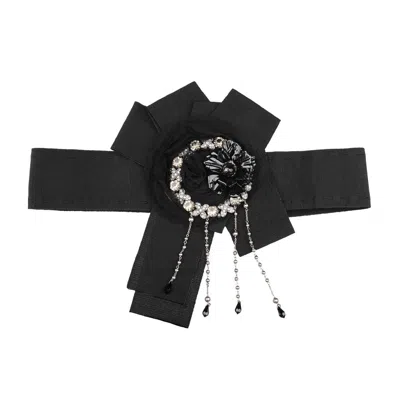 Pre-owned Dolce & Gabbana Sartoria Crystal Brooch Chain Flower Ribbon Bow Belt Black