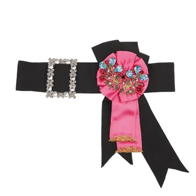 Pre-owned Dolce & Gabbana Sartoria Crystal Brooch Flower Ribbon Dress Belt Black 13554