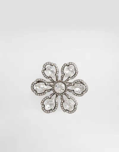 Dolce & Gabbana Sartoria Floral Brooch With Rhinestones In Silver