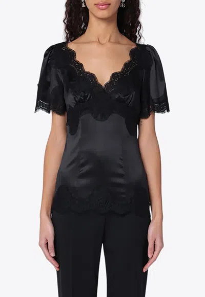 DOLCE & GABBANA SATIN AND LACE V-NECK TOP