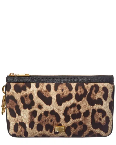 Dolce & Gabbana Satin & Leather Pouch In Animal Print