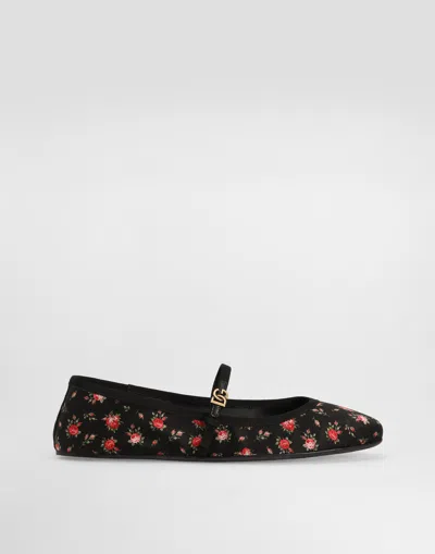 Dolce & Gabbana Satin Ballet Flats With Little Roses Print In Black