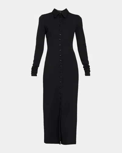 Dolce & Gabbana Satin Buttoned Wool-blend Jersey Long-sleeve Midi Dress In Black