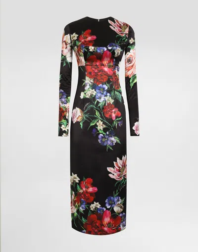 Dolce & Gabbana Satin Calf-length Round-neck Dress With Floral Print