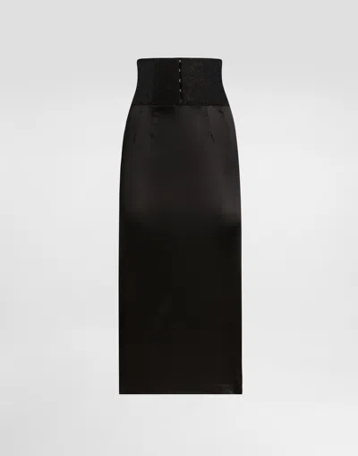 Dolce & Gabbana Satin Calf-length Skirt With Corset-style Belt Detail In Black