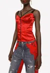 Dolce & Gabbana Satin Corset With Top-stitching And Hook-and-eye Fastenings In Red