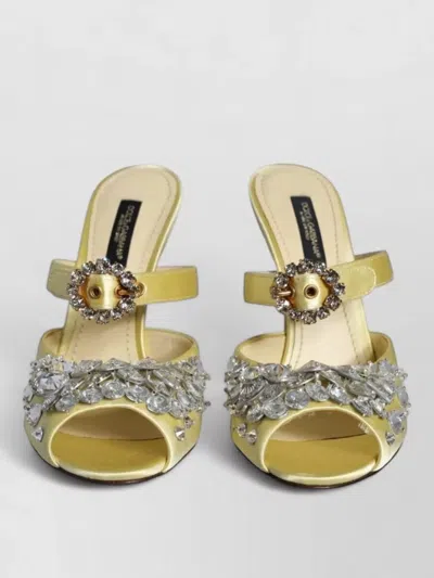 Dolce & Gabbana Satin Crystal Mule Sandals Peep Toe In Gold