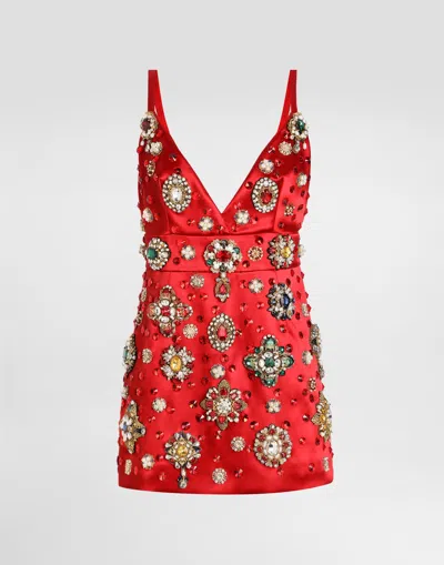 Dolce & Gabbana Satin Dress With Embroidery In Red