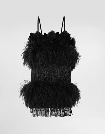 Dolce & Gabbana Satin Dress With Feathers In Black