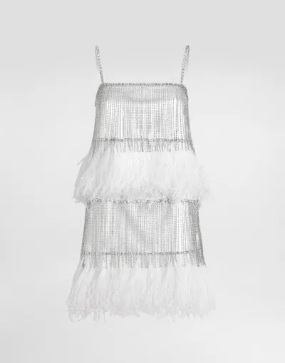 Dolce & Gabbana Satin Dress With Feathers In Metallic