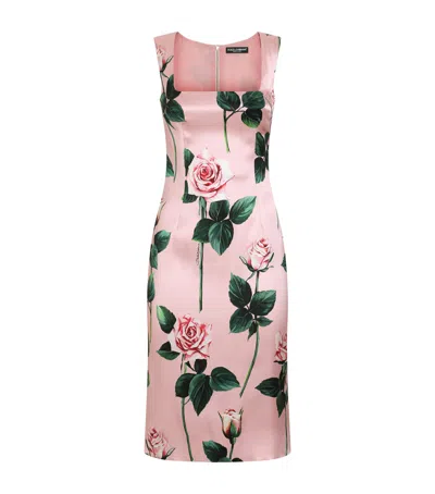 Dolce & Gabbana Pink Rose Print Satin Sheath Dress