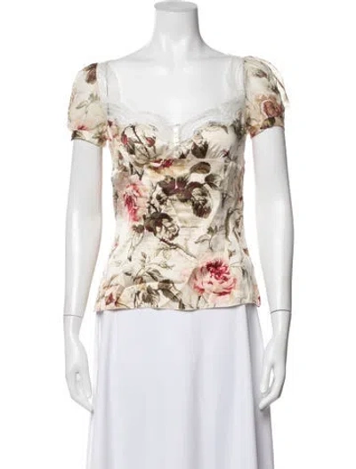 Pre-owned Dolce & Gabbana Satin Floral Print Blouse In Blue