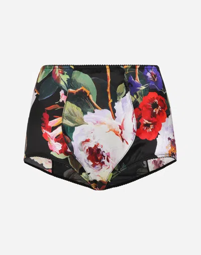 DOLCE & GABBANA SATIN HIGH-WAISTED PANTIES WITH ROSE GARDEN PRINT