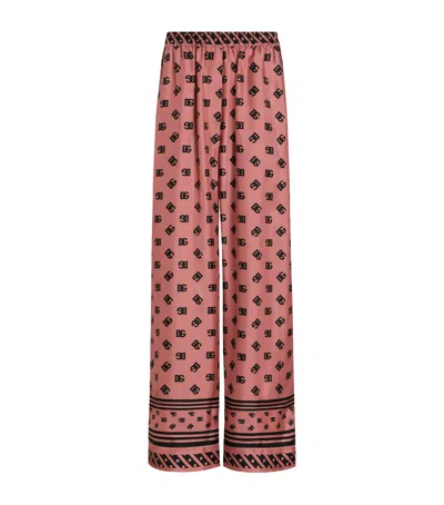Dolce & Gabbana Satin Logo Print Wide-leg Trousers In Pink