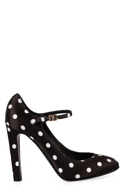 Dolce & Gabbana Sharon 105 Polka Dot Mary-jane Satin Pumps In Polka Dots Black Background