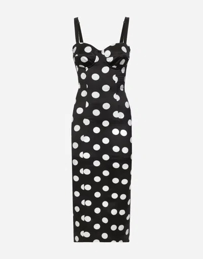 DOLCE & GABBANA SATIN MIDI DRESS WITH POLKA-DOT PRINT AND CORSET DETAILS