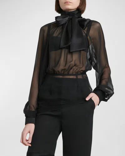Dolce & Gabbana Satin Neck-bow Long-sleeve Chiffon Top In Black