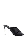 Dolce & Gabbana Solid Color Satin Sandals With Silver-tone Dg Monogram Heel In Black