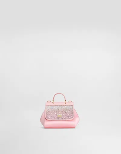 Dolce & Gabbana Satin Sicily Crossbody Bag With Ombré-effect Fusible Rhinestones In Pink