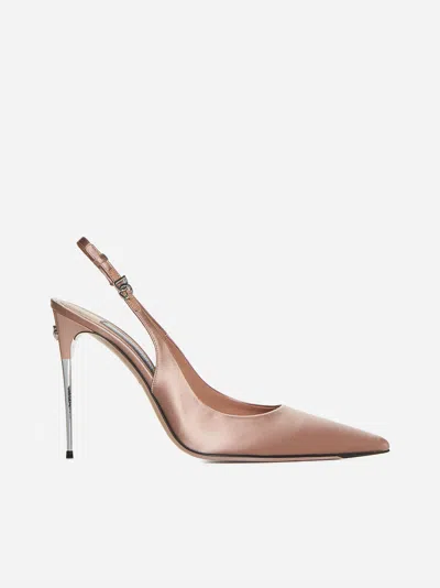 Dolce & Gabbana Beige Satin Slingback For Women With High Heel And Logo Strap