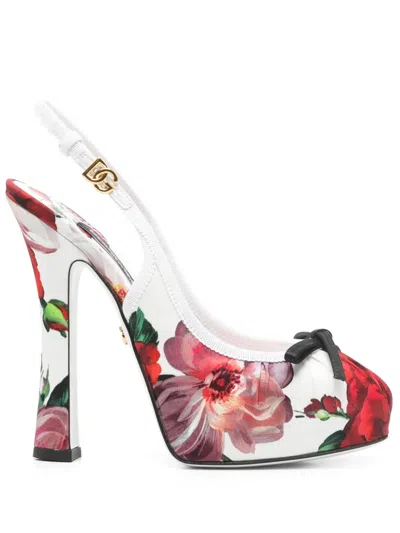 Dolce & Gabbana Satin Pumps With Floral Print And Bow In Bianco/fiori