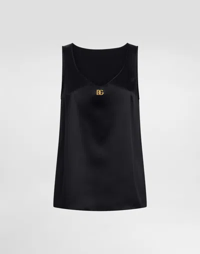 Dolce & Gabbana Top Canotta In Raso Con Logo Dg Pin In Nero