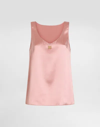 Dolce & Gabbana Satin Tank Top With Dg Logo Pin In Pink