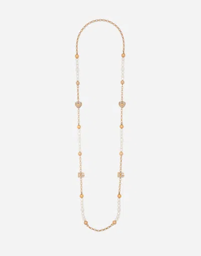 Dolce & Gabbana Sautoir Chain With Dg-logo Beads And Hearts In Gold
