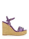 Dolce & Gabbana Violet Wedges With Logo Embroidery On The Front And All-over Majolica Motif In Cotton Blend Woman