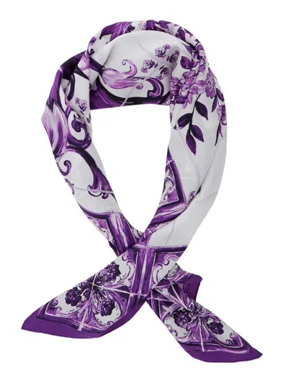 DOLCE & GABBANA VIOLET SQUARE SCARF WITH ALL-OVER PRINT IN SILK WOMAN