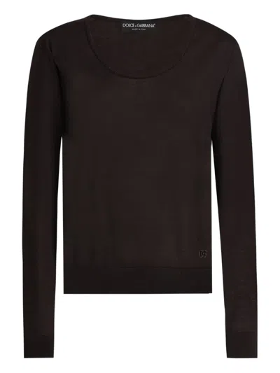 Dolce & Gabbana Scoop-neck Long-sleeve Top In Brown