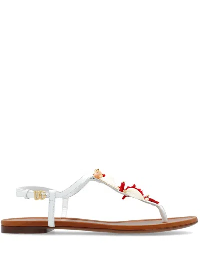 DOLCE & GABBANA CORAL-EMBROIDERED LEATHER SANDALS