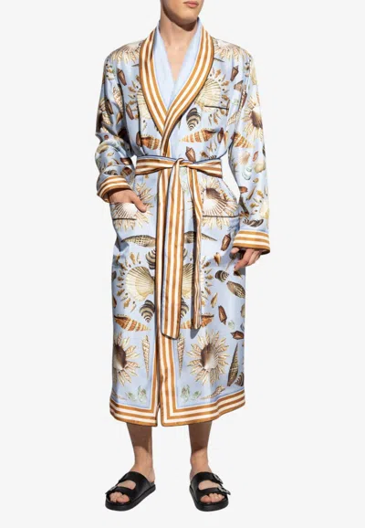 Dolce & Gabbana Seashells Print Silk Twill Robe In Blue