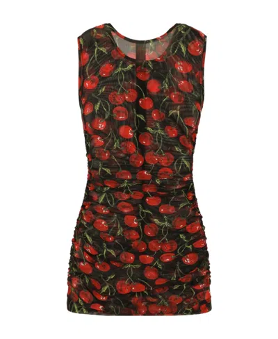 DOLCE & GABBANA DOLCE  GABBANA CHERRY PRINTED SLEEVELESS TULLE TOP
